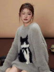 Retro Cat Bow Plush Sweater