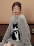 Retro Cat Bow Plush Sweater