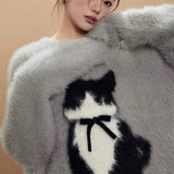 Retro Cat Bow Plush Sweater